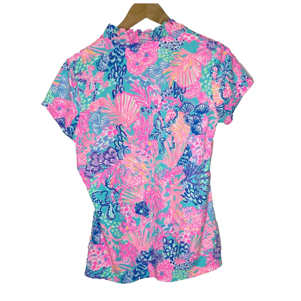 Womens Large Lilly Pulitzer Luxletics Ruffle Neck Floral Polo Short Sleeve Shirt - Picture 5 of 5